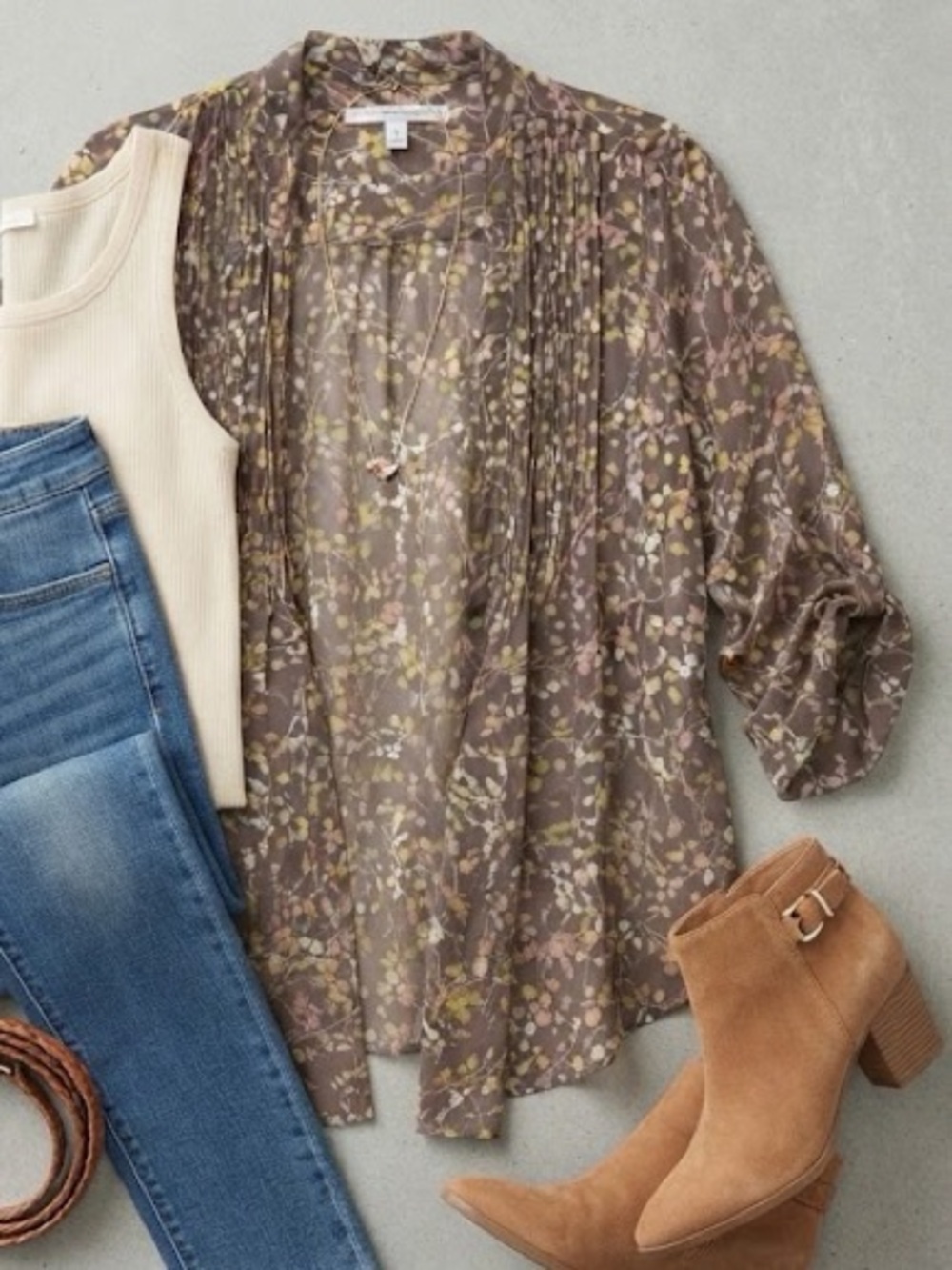 LC Lauren Conrad Brown Sheer Floral Open-Front Blouse